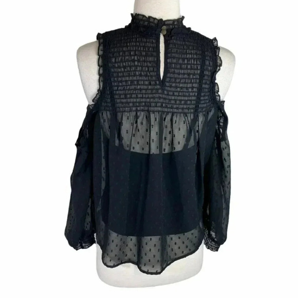 AEO S blouse black smocked ruffled open shoulder lined sheer top - Picture 4 of 7